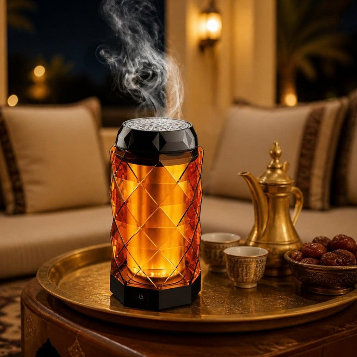 The crystal lantern burner in the majlis with coffee and dates