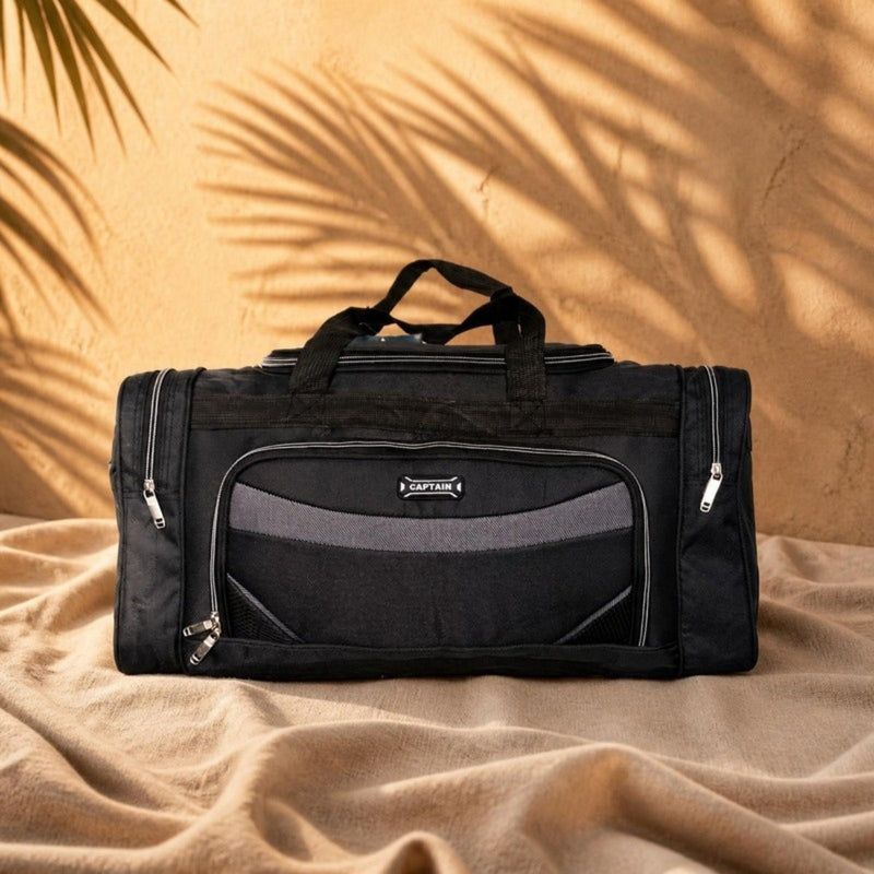 Large black travel bag with a grey front and zipped front pocket