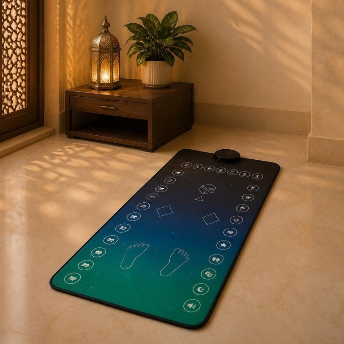 Smart prayer mat in an elegant prayer corner beside a lantern and a plant